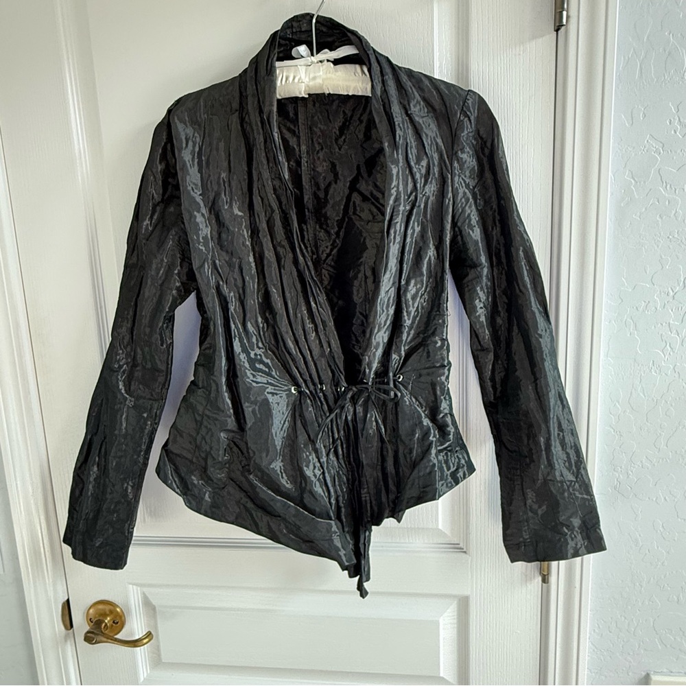 Vintage Lezley George Jacket Black Metallic Crinkled Tie Waist Avant-Garde Sz M